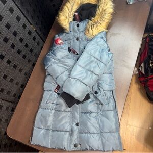 Stylish Blue Kids Canada weather gear 3/4 puffer with Faux Fur Trim hood Small